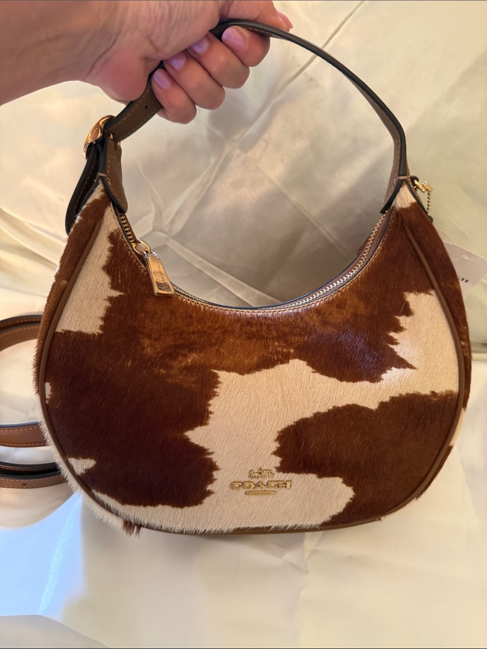 π€Coach NWT Emily Brown and Cream Calf-hair Cow Print Shoulder Bag/Gold Hardware - Picture 9 of 10